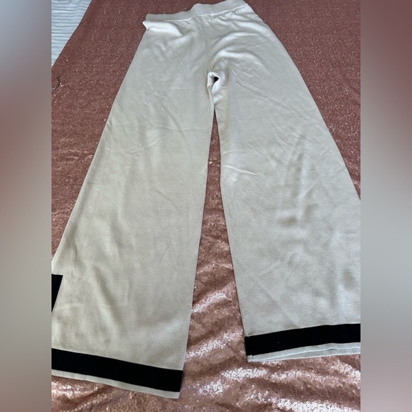 Entro Solid Ribbed High Waisted Wide Leg Pants,S Beige/black. Beach, Resort Wear - Picture 5 of 8